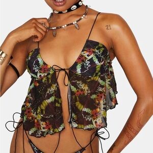 Jaded London Colorful Sheer Butterfly Tie-Front Bikini Top